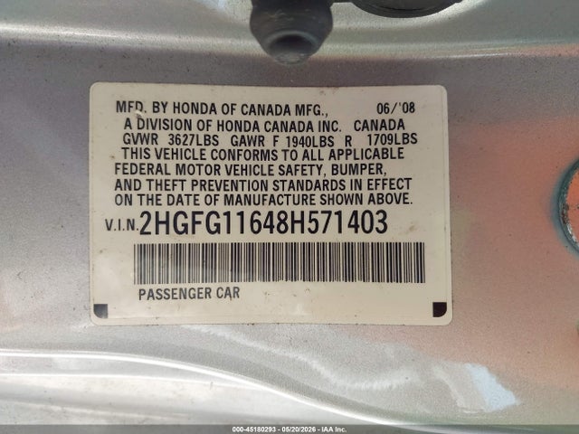 Продажа на аукционе авто 2008 Honda Civic Lx, vin: 2HGFG11648H571403, номер лота: 45180293