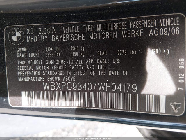 45180294 :رقم المزاد ، WBXPC93407WF04179 vin ، 2007 Bmw X3 3.0si مزاد بيع