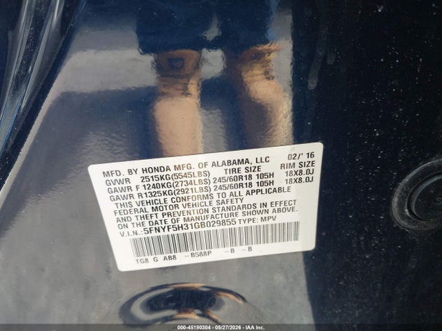 Aukcja sprzedaży 2016 Honda Pilot Ex, vin: 5FNYF5H31GB029855, numer aukcji: 45180304