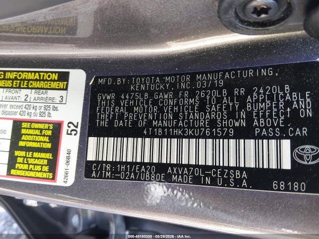 Aukcja sprzedaży 2019 Toyota Camry Se, vin: 4T1B11HK3KU761579, numer aukcji: 45180308