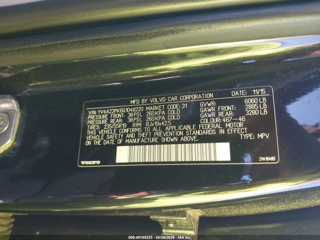 45180323 :رقم المزاد ، YV4A22PK6G1048220 vin ، 2016 Volvo Xc90 T6 Momentum مزاد بيع