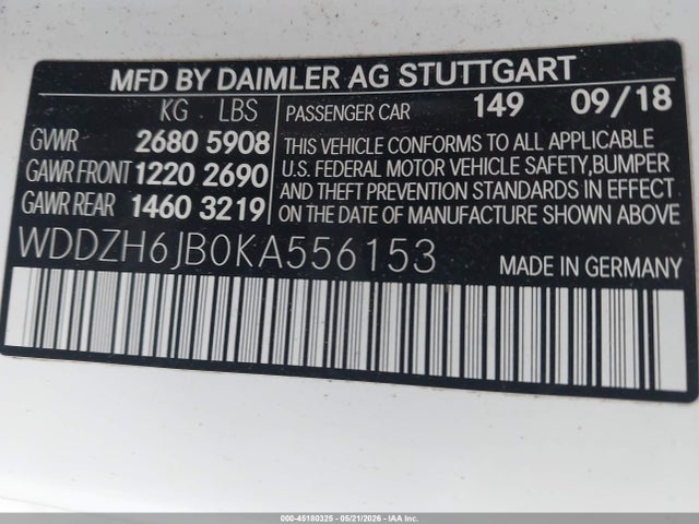 45180325 :رقم المزاد ، WDDZH6JB0KA556153 vin ، 2019 Mercedes-benz E-class E 450 مزاد بيع