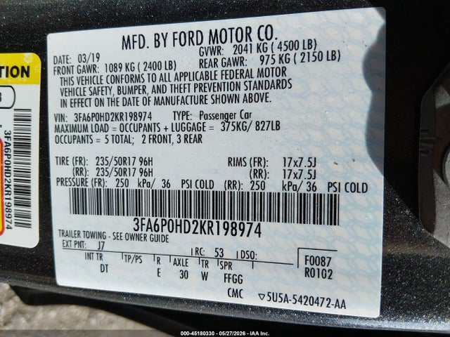 Продажа на аукционе авто 2019 Ford Fusion Se, vin: 3FA6P0HD2KR198974, номер лота: 45180330