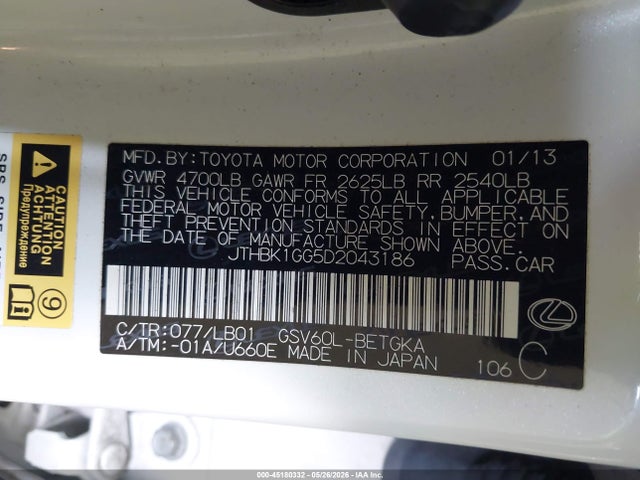 45180332 :رقم المزاد ، JTHBK1GG5D2043186 vin ، 2013 Lexus Es 350 مزاد بيع
