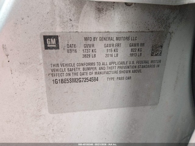 Продаж на аукціоні авто 2016 Chevrolet Cruze Lt Auto, vin: 1G1BE5SM2G7254584, номер лоту: 45180346