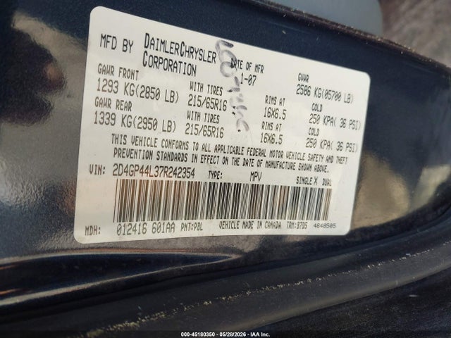 2007 Dodge Grand Caravan Sxt მანქანა იყიდება აუქციონზე, vin: 2D4GP44L37R242354, აუქციონის ნომერი: 45180350