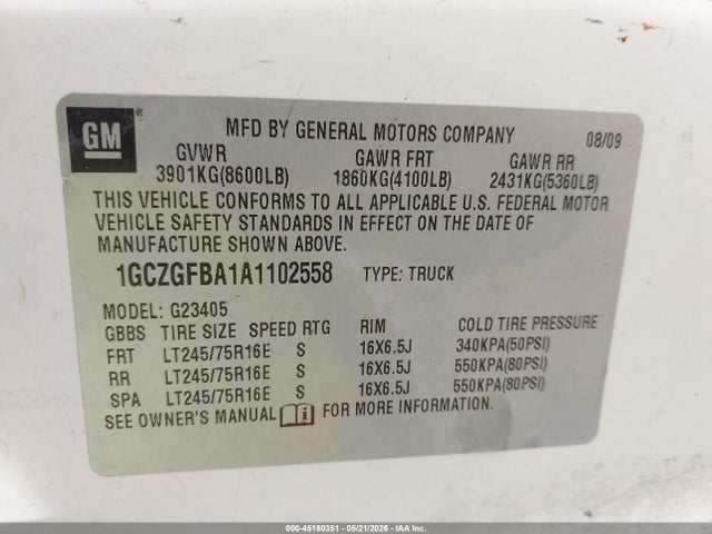 Aukcja sprzedaży 2010 Chevrolet Express 2500 Work Van, vin: 1GCZGFBA1A1102558, numer aukcji: 45180351