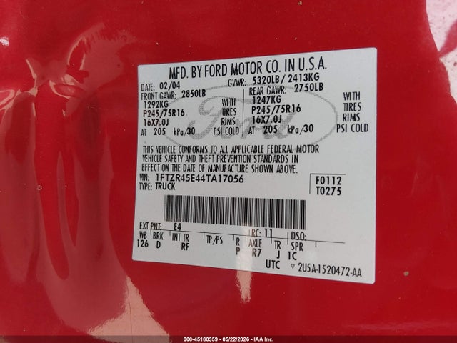 Aukcja sprzedaży 2004 Ford Ranger Edge/tremor/xlt, vin: 1FTZR45E44TA17056, numer aukcji: 45180359