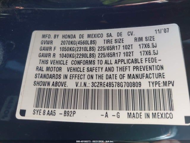 Aukcja sprzedaży 2008 Honda Cr-v Ex, vin: 3CZRE48578G700809, numer aukcji: 45180373