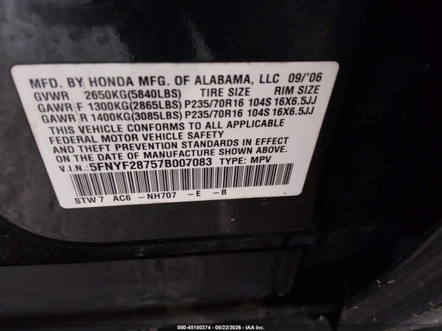 45180374 :رقم المزاد ، 5FNYF28757B007083 vin ، 2007 Honda Pilot Ex-l مزاد بيع