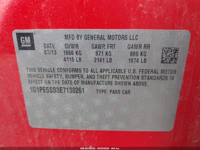 2014 Chevrolet Cruze 2lt Auto მანქანა იყიდება აუქციონზე, vin: 1G1PE5SB3E7130261, აუქციონის ნომერი: 45180383