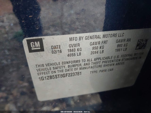 Aukcja sprzedaży 2016 Chevrolet Malibu Ls, vin: 1G1ZB5ST8GF223781, numer aukcji: 45180389