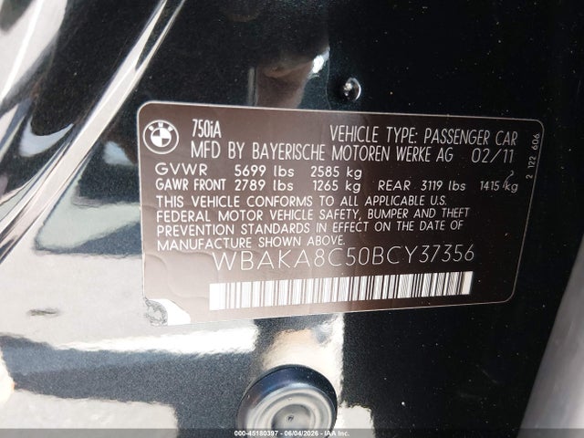 Aukcja sprzedaży 2011 Bmw 750i, vin: WBAKA8C50BCY37356, numer aukcji: 45180397