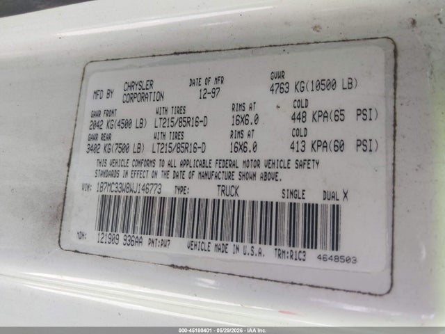 45180401 :رقم المزاد ، 1B7MC33W8WJ146773 vin ، 1998 Dodge Ram 3500 St مزاد بيع