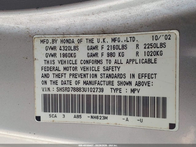 45180407 :رقم المزاد ، SHSRD78883U102739 vin ، 2003 Honda Cr-v Ex مزاد بيع