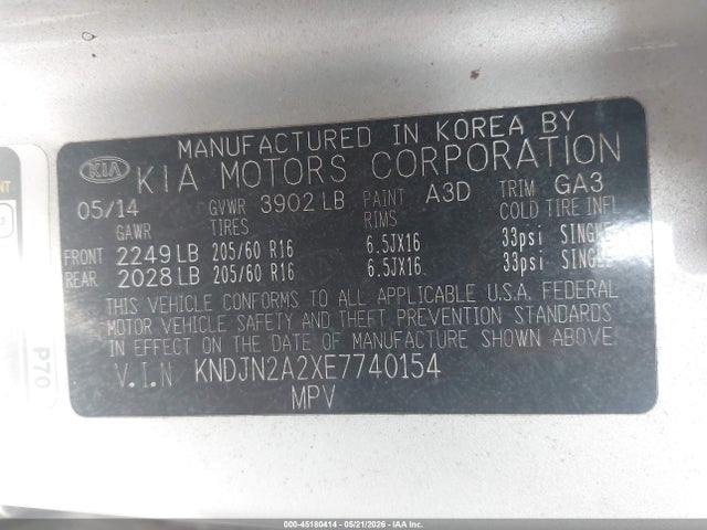Aukcja sprzedaży 2014 Kia Soul, vin: KNDJN2A2XE7740154, numer aukcji: 45180414