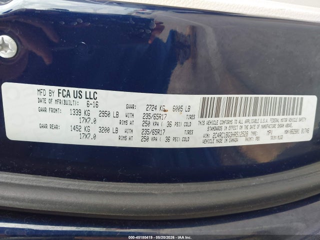 2017 Chrysler Pacifica Touring-l მანქანა იყიდება აუქციონზე, vin: 2C4RC1BG3HR512528, აუქციონის ნომერი: 45180419