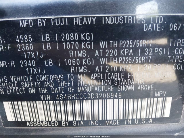 45180428 :رقم المزاد ، 4S4BRCCC0D3208949 vin ، 2013 Subaru Outback 2.5i Premium مزاد بيع