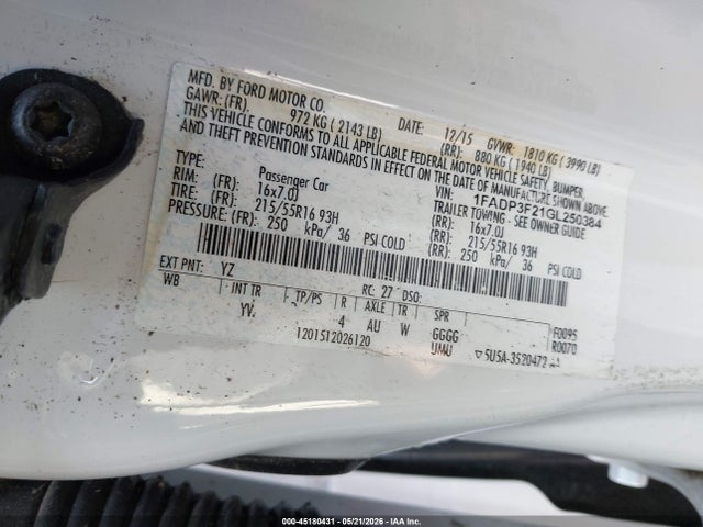 45180431 :رقم المزاد ، 1FADP3F21GL250384 vin ، 2016 Ford Focus Se مزاد بيع