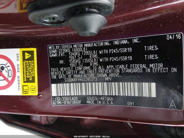 Продажа на аукционе авто 2016 Toyota Highlander Limited V6, vin: 5TDDKRFH4GS285273, номер лота: 45180470