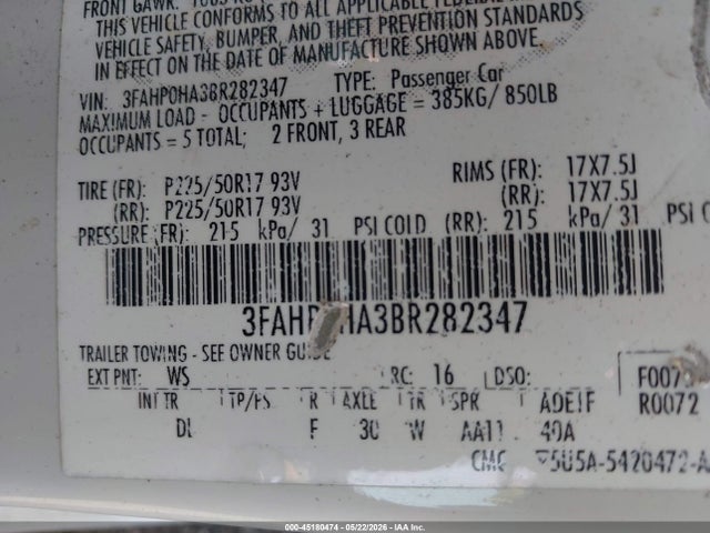 Продаж на аукціоні авто 2011 Ford Fusion Se, vin: 3FAHP0HA3BR282347, номер лоту: 45180474