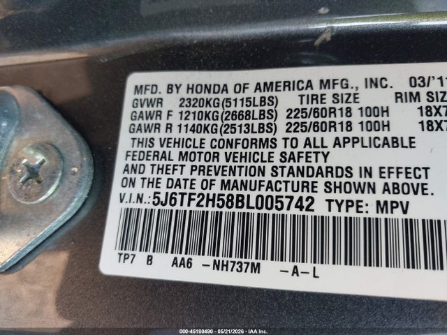 Продажа на аукционе авто 2011 Honda Accord Crosstour Ex-l, vin: 5J6TF2H58BL005742, номер лота: 45180490