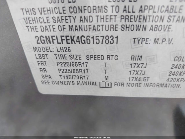 2016 Chevrolet Equinox Lt მანქანა იყიდება აუქციონზე, vin: 2GNFLFEK4G6157831, აუქციონის ნომერი: 45180492