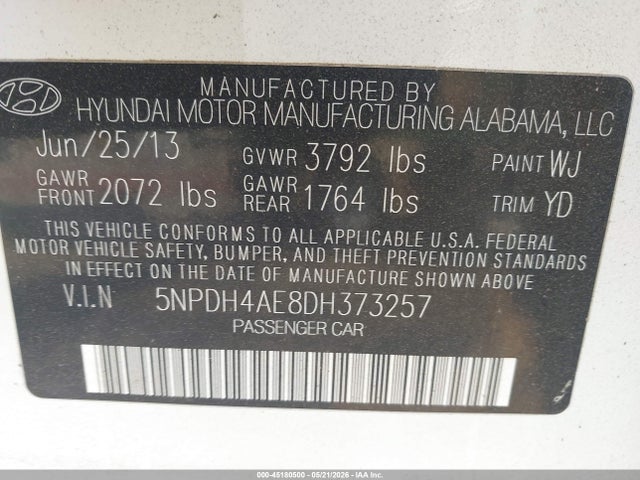 2013 Hyundai Elantra Gls მანქანა იყიდება აუქციონზე, vin: 5NPDH4AE8DH373257, აუქციონის ნომერი: 45180500