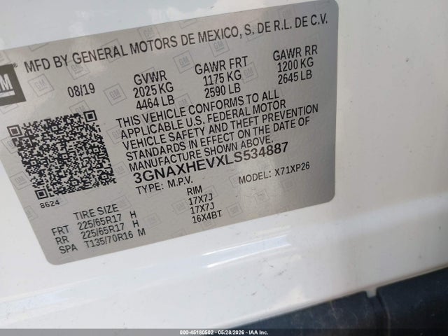 Auction sale of the 2020 Chevrolet Equinox Fwd Ls, vin: 3GNAXHEVXLS534887, lot number: 45180502