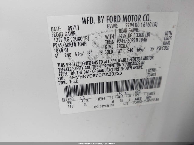 Продажа на аукционе авто 2012 Ford Explorer Xlt, vin: 1FMHK7D87CGA30223, номер лота: 45180505