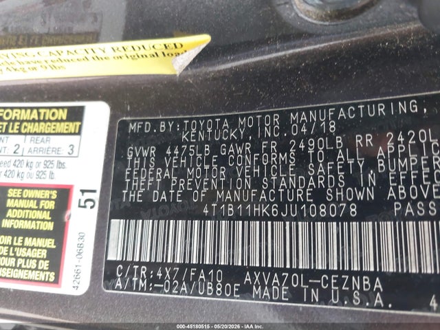 4T1B11HK6JU108078 Toyota CAMRY LE