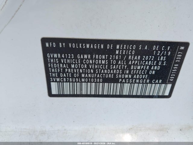 45180519 :رقم المزاد ، 3VWCB7BU9LM010380 vin ، 2020 Volkswagen Jetta 1.4t R-line/1.4t S/1.4t Se مزاد بيع