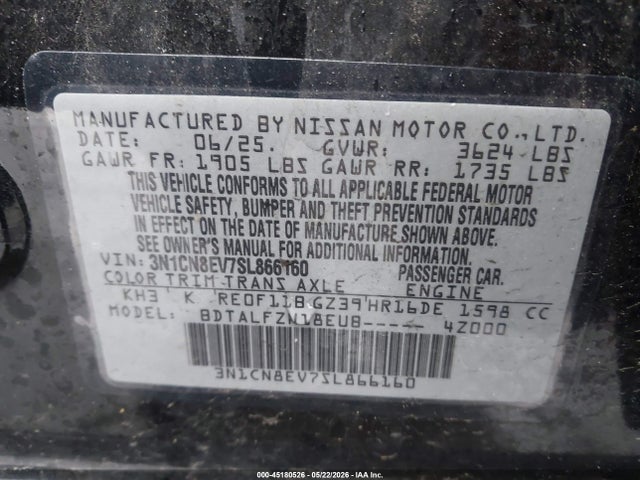 Auction sale of the 2025 Nissan Versa 1.6 Sv, vin: 3N1CN8EV7SL866160, lot number: 45180526