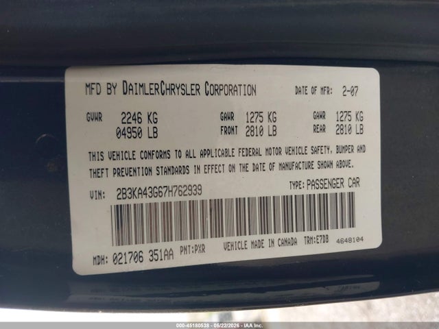 2007 Dodge Charger მანქანა იყიდება აუქციონზე, vin: 2B3KA43G67H762939, აუქციონის ნომერი: 45180538
