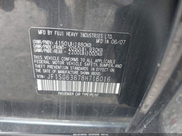 Продаж на аукціоні авто 2008 Subaru Forester 2.5x, vin: JF1SG63678H716016, номер лоту: 45180545