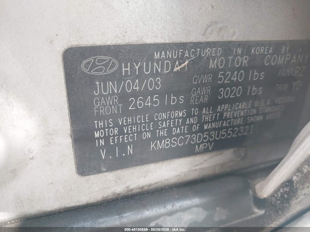 Aukcja sprzedaży 2003 Hyundai Santa Fe Gls/lx, vin: KM8SC73D53U552321, numer aukcji: 45180559