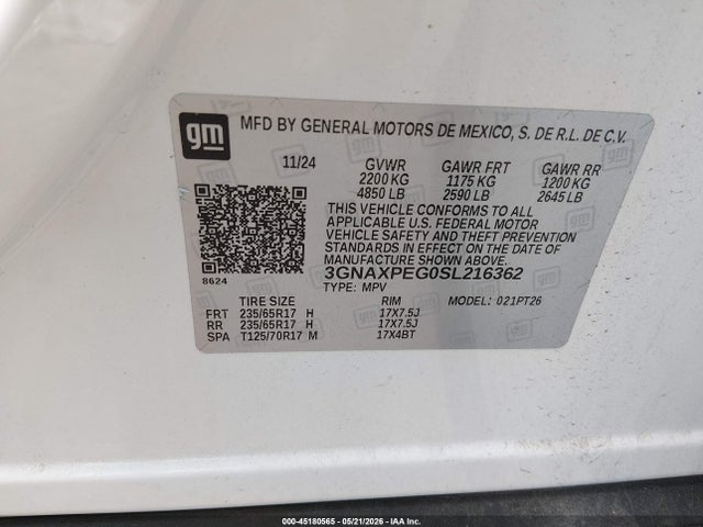 2025 Chevrolet Equinox Awd Lt მანქანა იყიდება აუქციონზე, vin: 3GNAXPEG0SL216362, აუქციონის ნომერი: 45180565