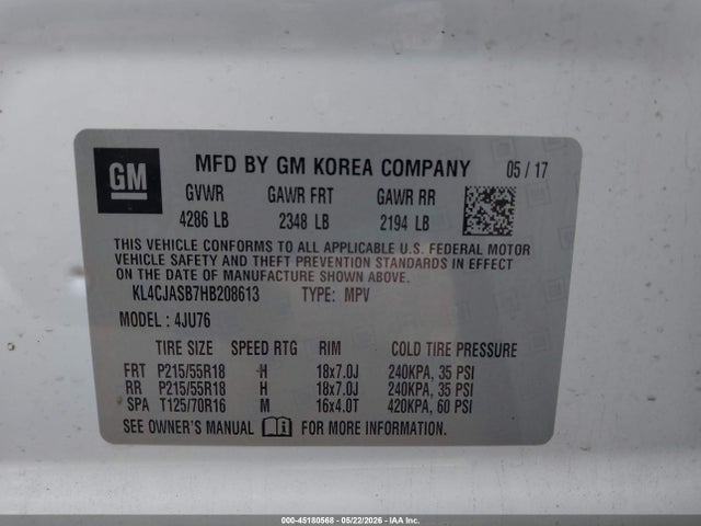 45180568 :رقم المزاد ، KL4CJASB7HB208613 vin ، 2017 Buick Encore Preferred مزاد بيع