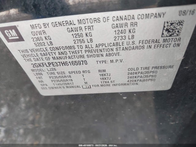Aukcja sprzedaży 2017 Gmc Terrain Slt, vin: 2GKFLPE37H6165970, numer aukcji: 45180573
