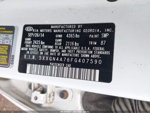 Aukcja sprzedaży 2015 Kia Optima Ex, vin: 5XXGN4A76FG407590, numer aukcji: 45180577