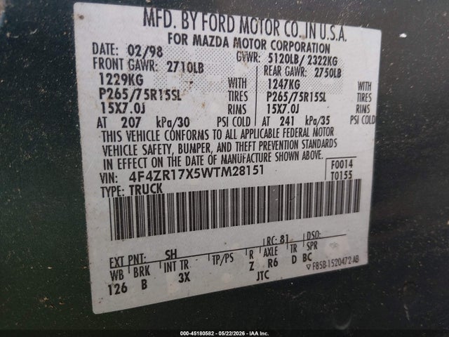 45180582 :رقم المزاد ، 4F4ZR17X5WTM28151 vin ، 1998 Mazda B4000 Se مزاد بيع