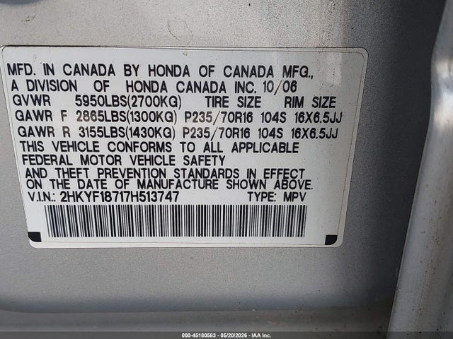 2007 Honda Pilot Ex-l მანქანა იყიდება აუქციონზე, vin: 2HKYF18717H513747, აუქციონის ნომერი: 45180583