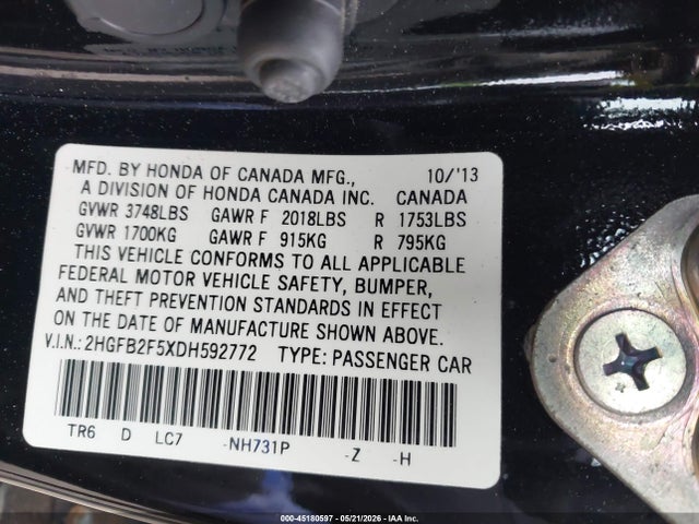 2013 Honda Civic Lx მანქანა იყიდება აუქციონზე, vin: 2HGFB2F5XDH592772, აუქციონის ნომერი: 45180597