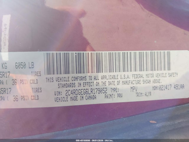 Aukcja sprzedaży 2020 Dodge Grand Caravan Gt, vin: 2C4RDGEG6LR179052, numer aukcji: 45180598