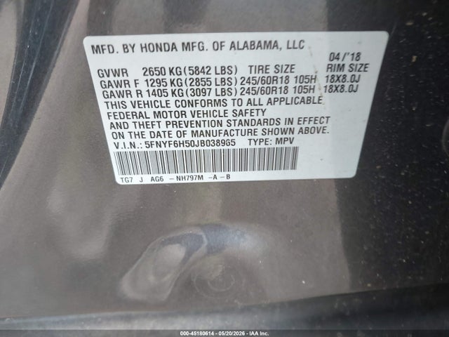 Aukcja sprzedaży 2018 Honda Pilot Ex-l, vin: 5FNYF6H50JB038965, numer aukcji: 45180614