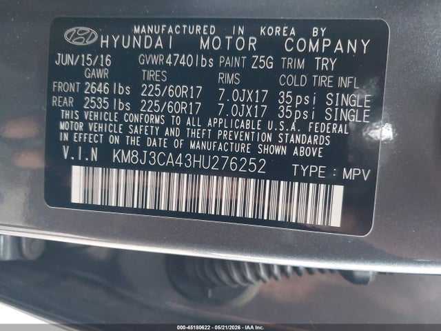 Aukcja sprzedaży 2017 Hyundai Tucson Se, vin: KM8J3CA43HU276252, numer aukcji: 45180622