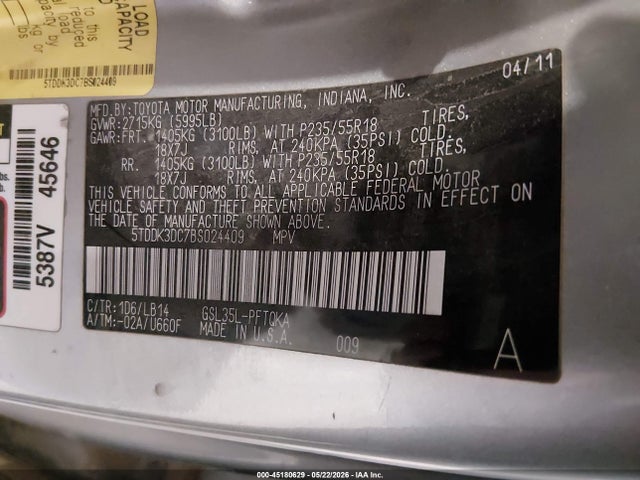 Aukcja sprzedaży 2011 Toyota Sienna Xle, vin: 5TDDK3DC7BS024409, numer aukcji: 45180629