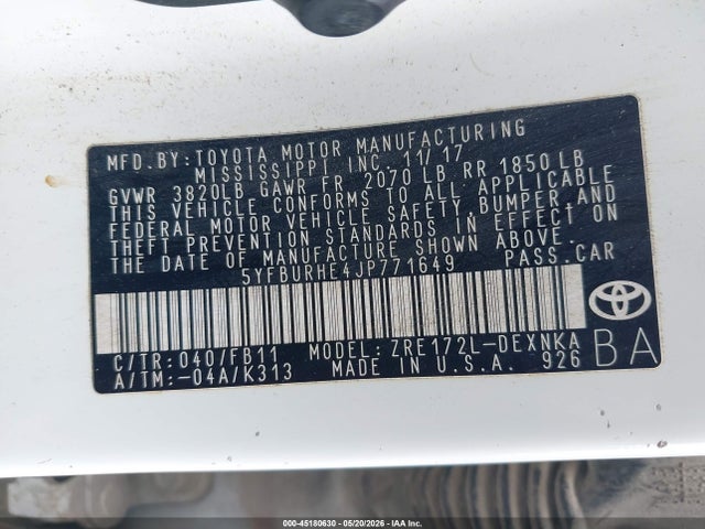 Aukcja sprzedaży 2018 Toyota Corolla Le, vin: 5YFBURHE4JP771649, numer aukcji: 45180630