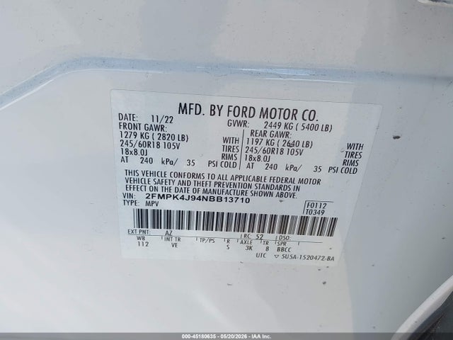 Продаж на аукціоні авто 2022 Ford Edge Sel, vin: 2FMPK4J94NBB13710, номер лоту: 45180635