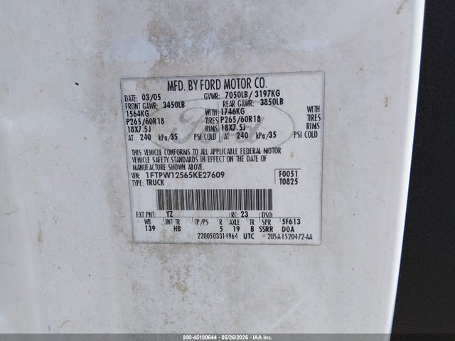 Aukcja sprzedaży 2005 Ford F-150 Lariat/xlt, vin: 1FTPW12565KE27609, numer aukcji: 45180644